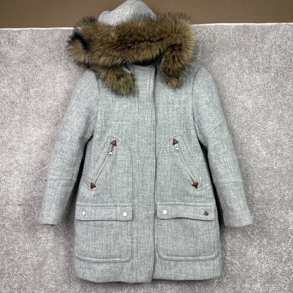 J. Crew Parka Coat Women's Size 2P Stadium Cloth Gray Wool Nello Gori Fur Trim